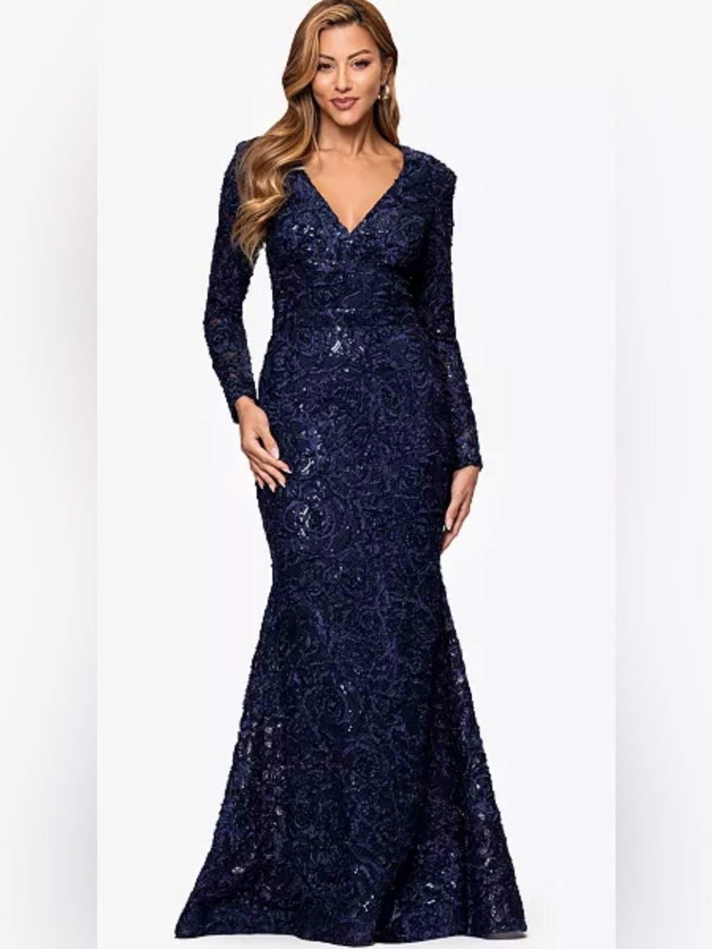 NWT XSCAPE V-Neck Long Sleeve Soutache Navy Gown Size 6 (309 MSRP)